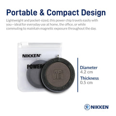 Nikken Kenko PowerChip Black flatlay, lifestyle-ready setup highlighting portable magnetic chip.