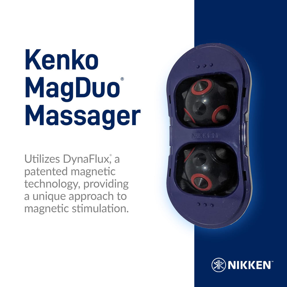 Nikken MagDuo magnetic spheres rolling over skin to ease muscles.