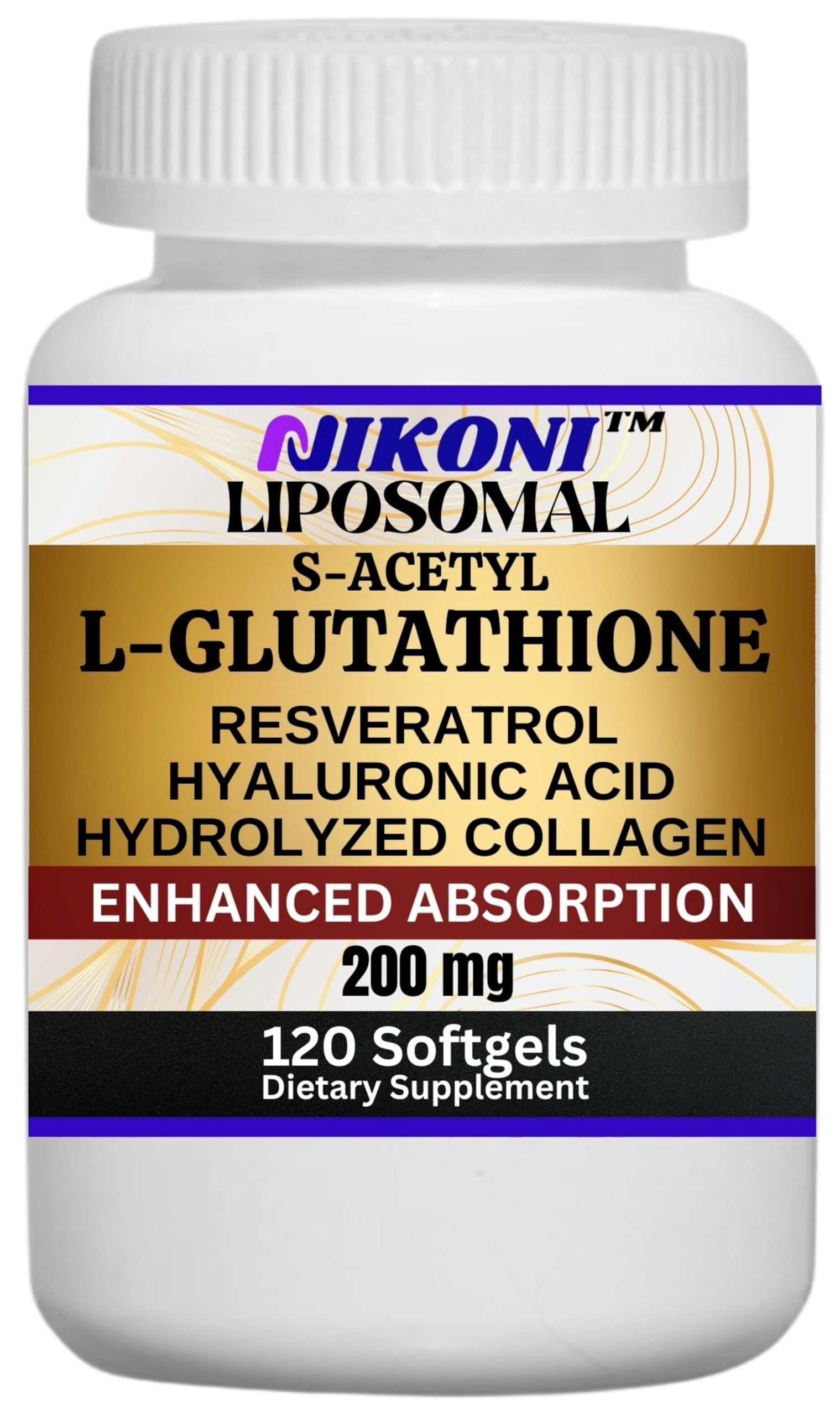 Nikoni liposomal S-Acetyl L-Glutathione Resveratrol bottle highlighting daily wellness.