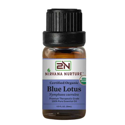 Nirvana Nurture Blue Lotus oil bottle with dropper promoting calm ambiance for home use