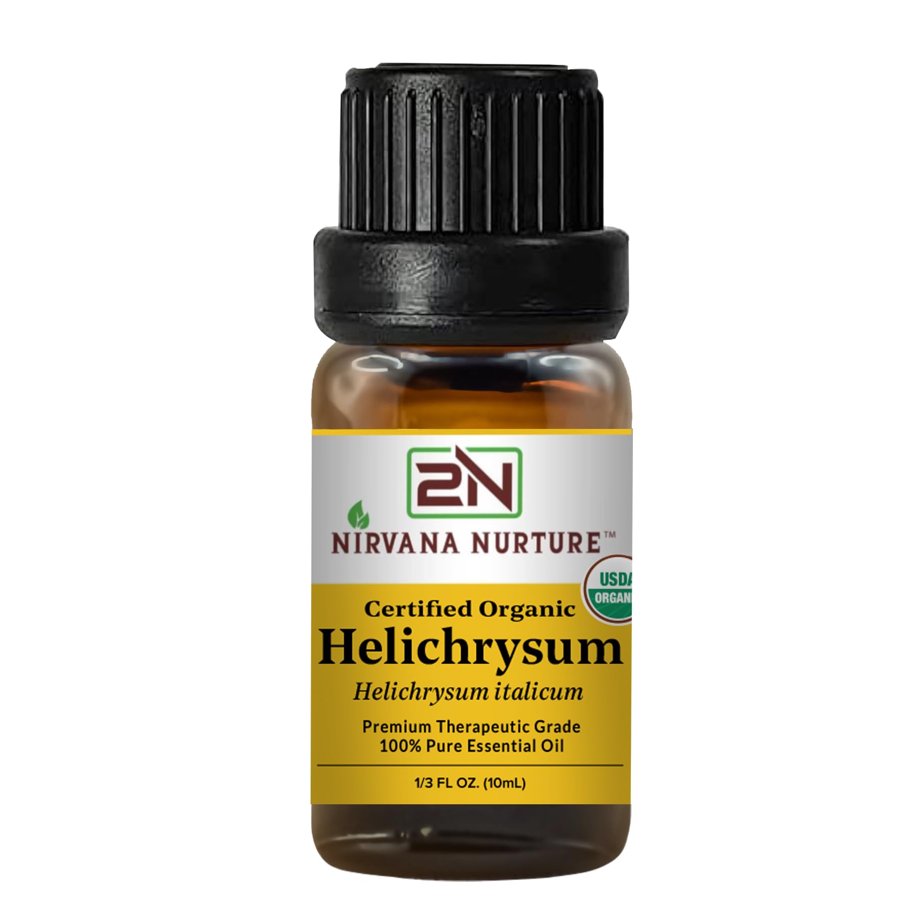 Nirvana Nurture Helichrysum oil bottle for skin renewal and purity.