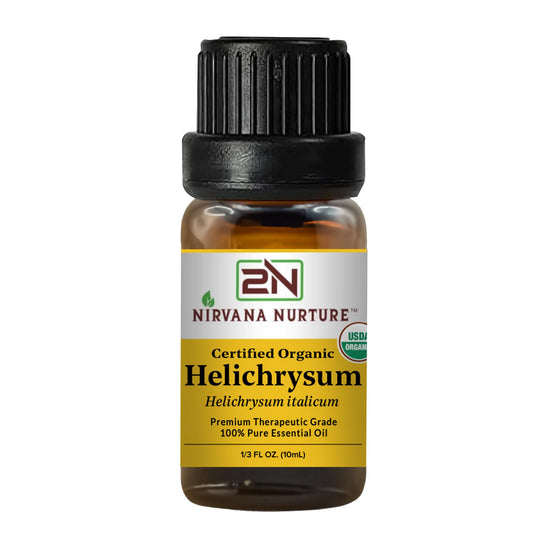 Nirvana Nurture Helichrysum oil bottle for skin renewal and purity.