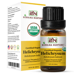 Nirvana Nurture Helichrysum oil label close-up shows organic certification.