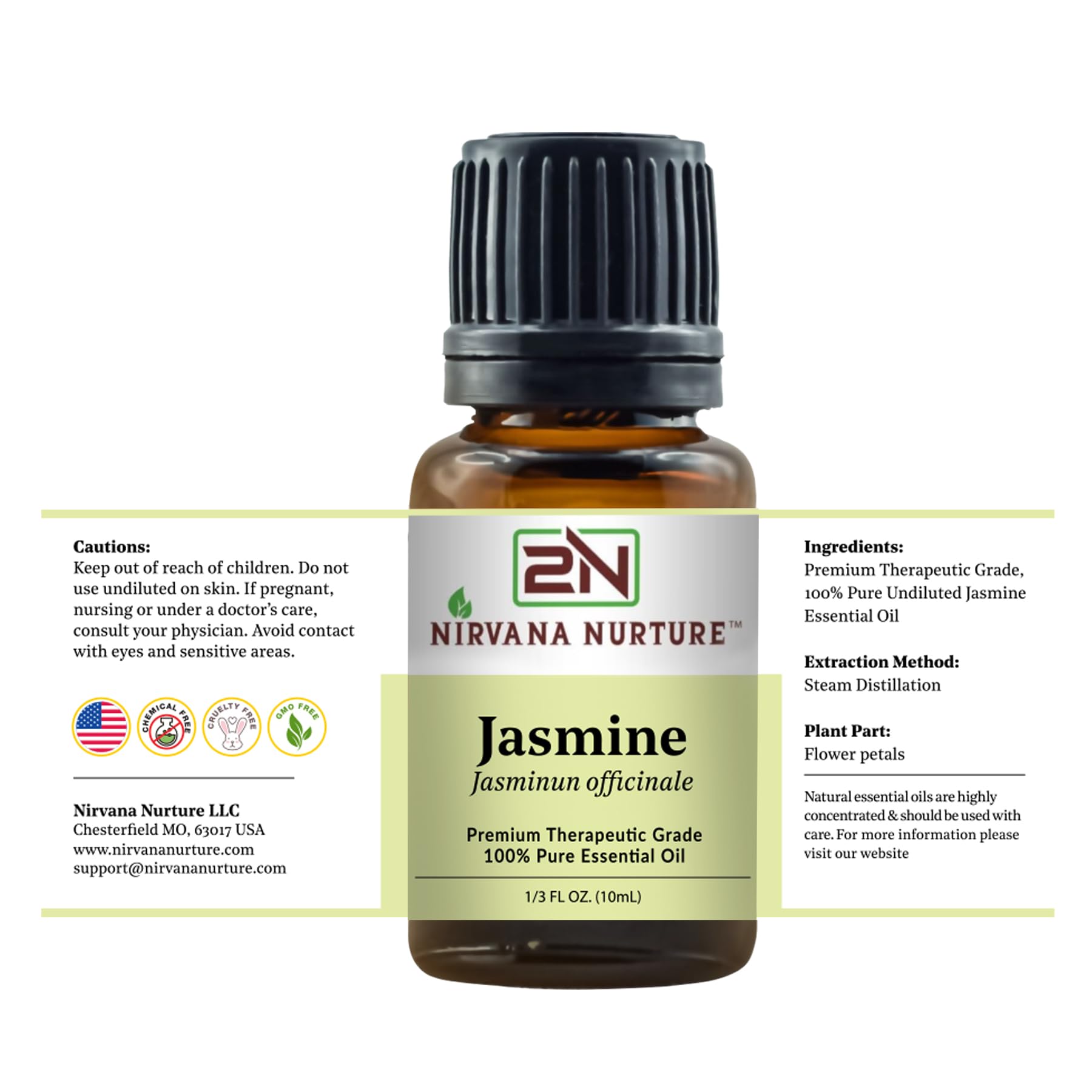 Nirvana Nurture Jasmine essential oil GC-MS testing label for quality.