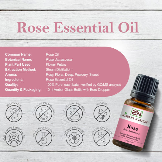 Nirvana Nurture Rose essential oil bottle drops for diffuser use and calm ambiance