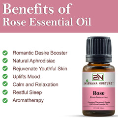 Nirvana Nurture Rose oil with rose petals in detail for aromatherapy