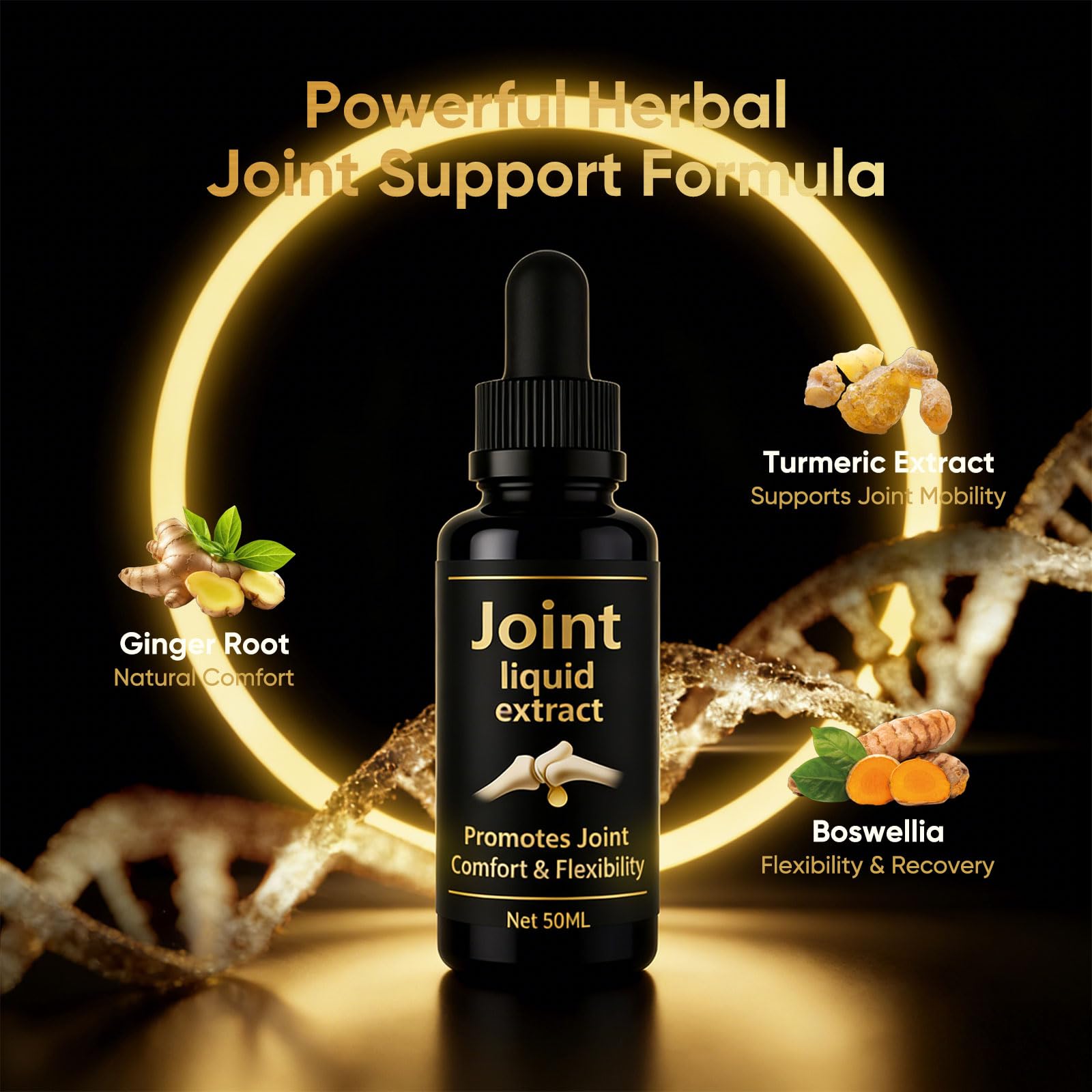 Close-up of Nitidissima Joint Extract Liquid herbal blend ingredients.