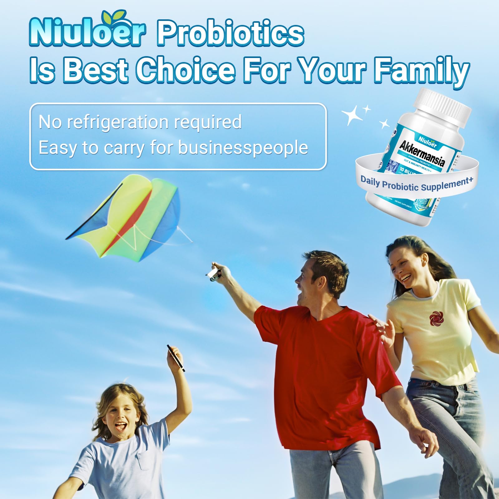Niuloer gut-health supplement inside packaging suggests comprehensive probiotic support.