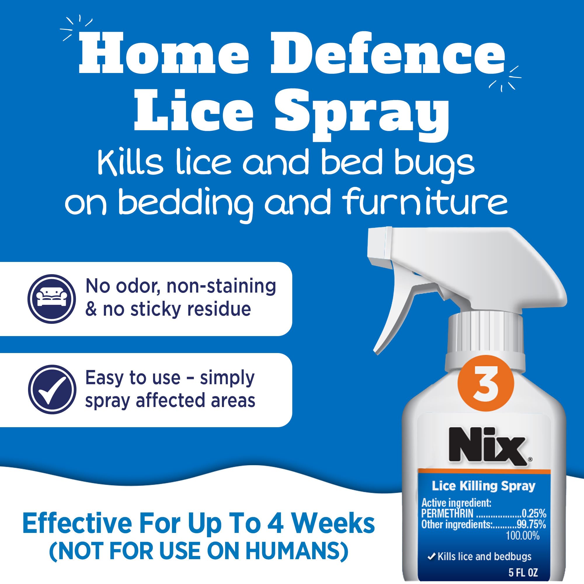 Nix bed bug killing spray home application on surfaces.