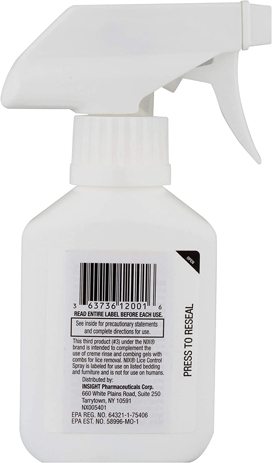 Nix Lice & Bed Bug Killing Spray on furniture surface for quick, residue-free treatment.