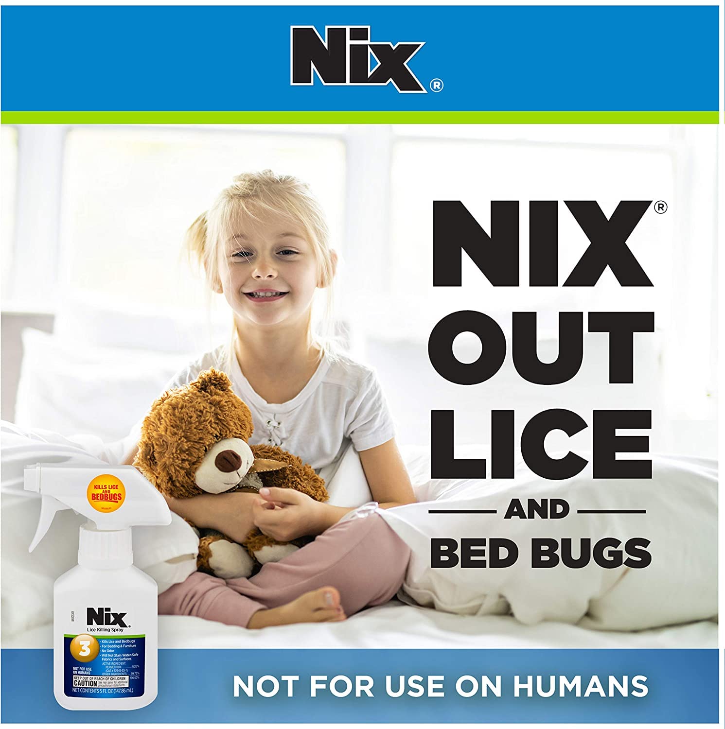 Nix Lice & Bed Bug Killing Spray instruction label emphasizes safe home use.