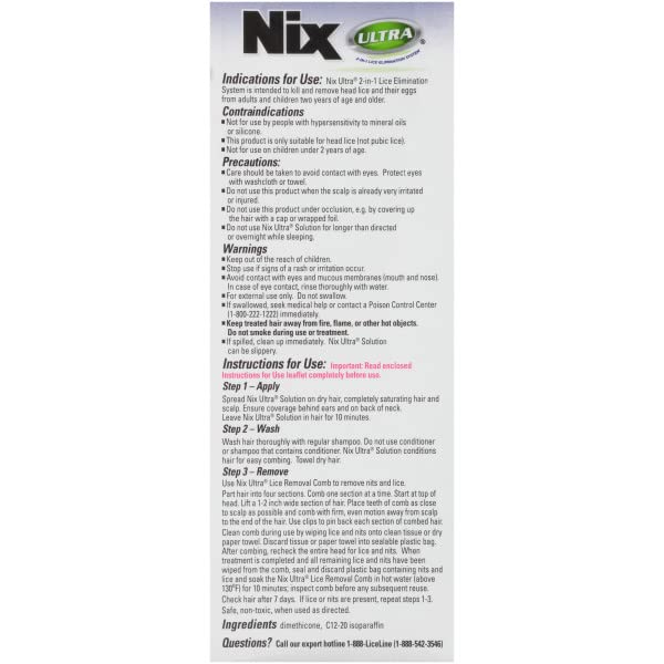 Nix Ultra 2-in-1 lice treatment label with brand and directions.