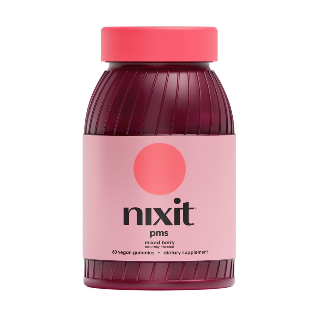 Nixit PMS Support Gummies pack shot with mixed berry flavor and vegan formula for daily cycle support.