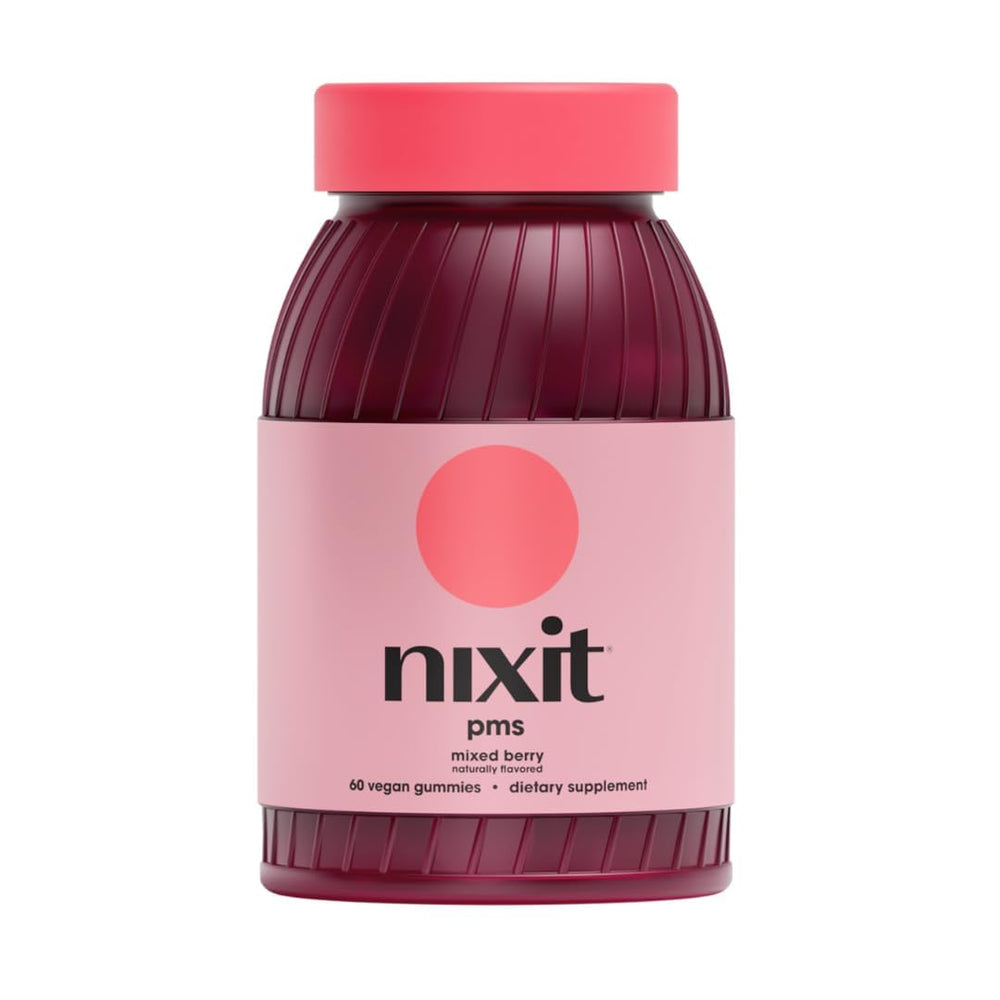 Nixit PMS Support Gummies pack shot with mixed berry flavor and vegan formula for daily cycle support.