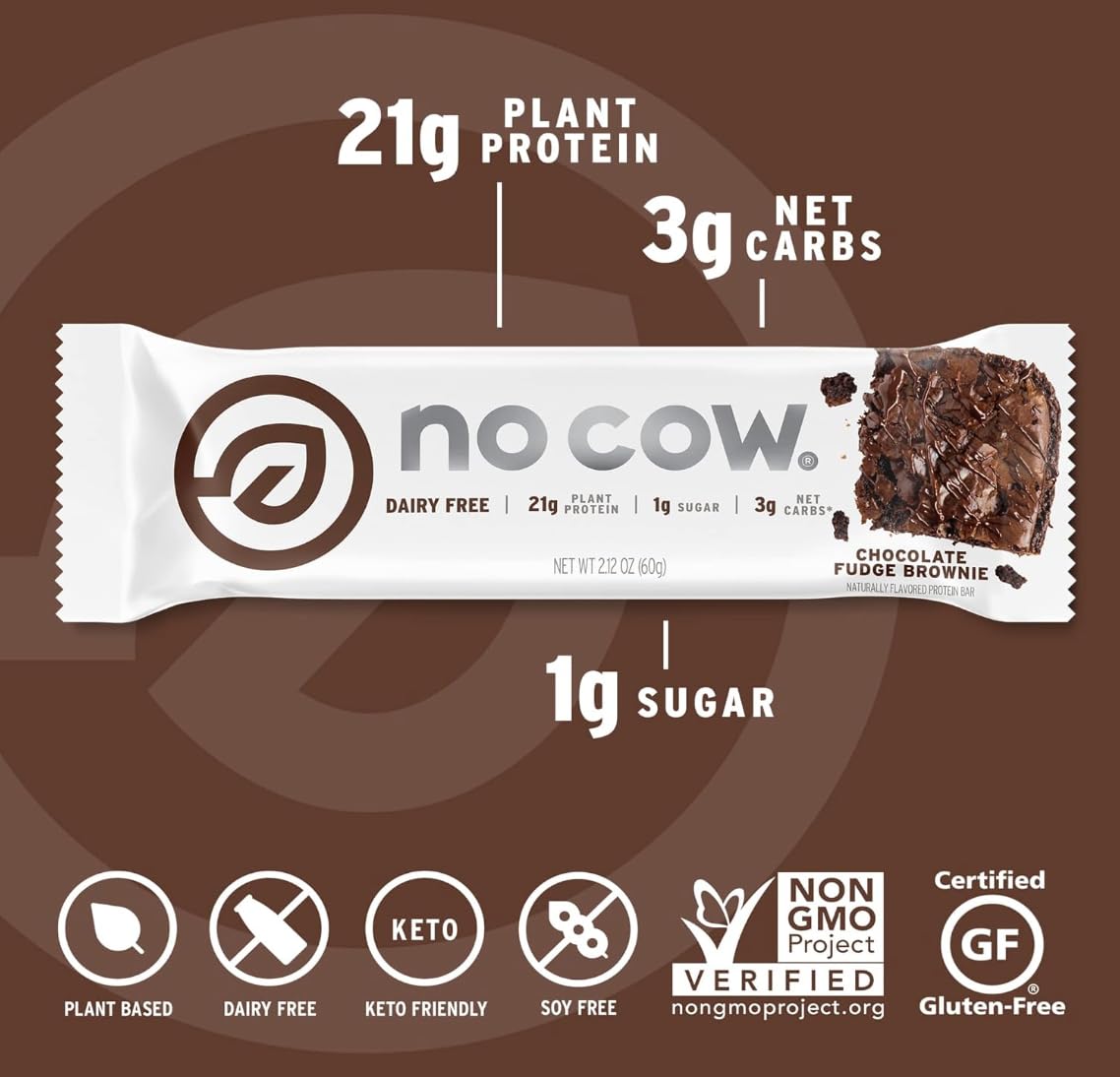 No Cow packaging shows gluten-free and dairy-free attributes for allergen-conscious diets