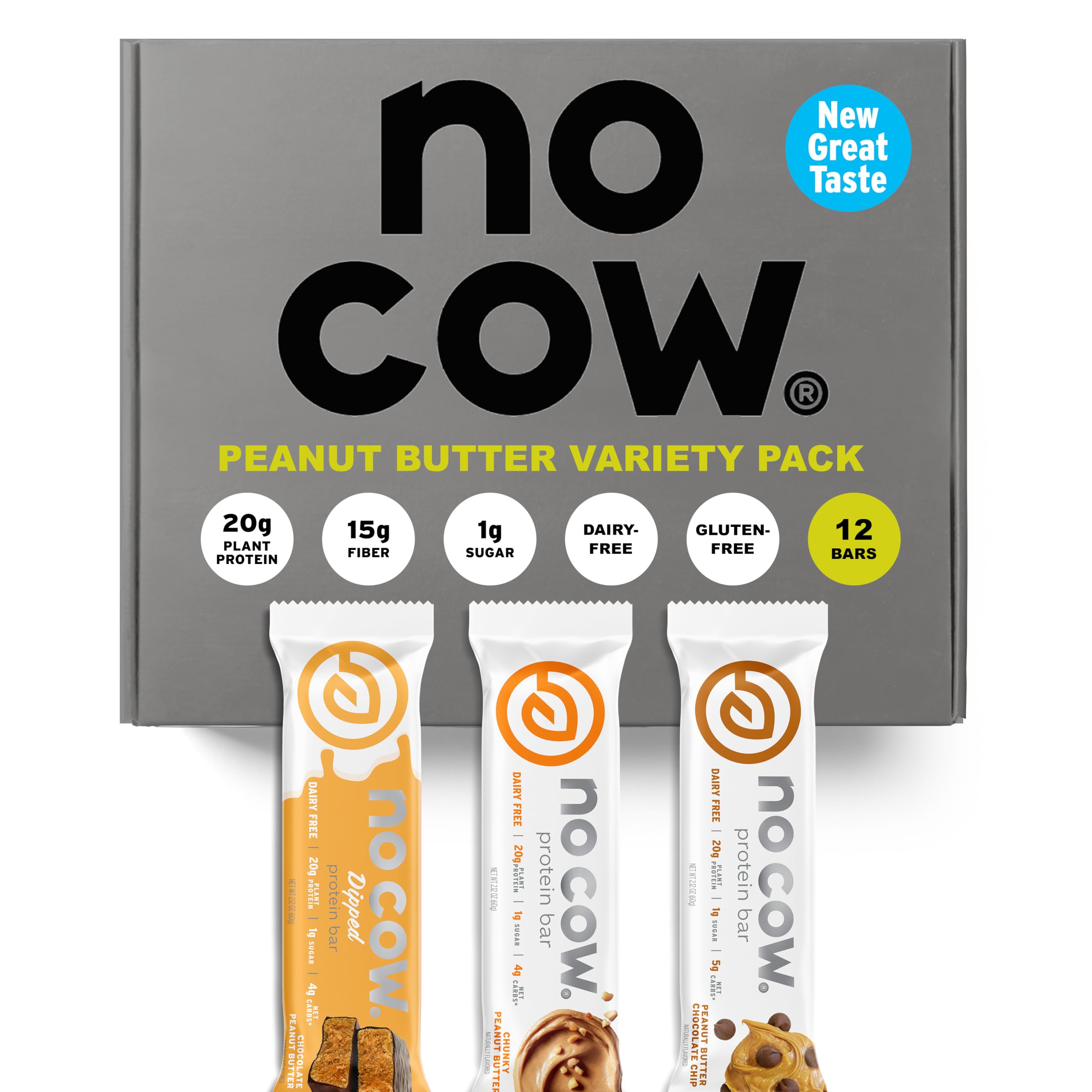 No Cow peanut butter bars front view—protein-packed snack for active days.
