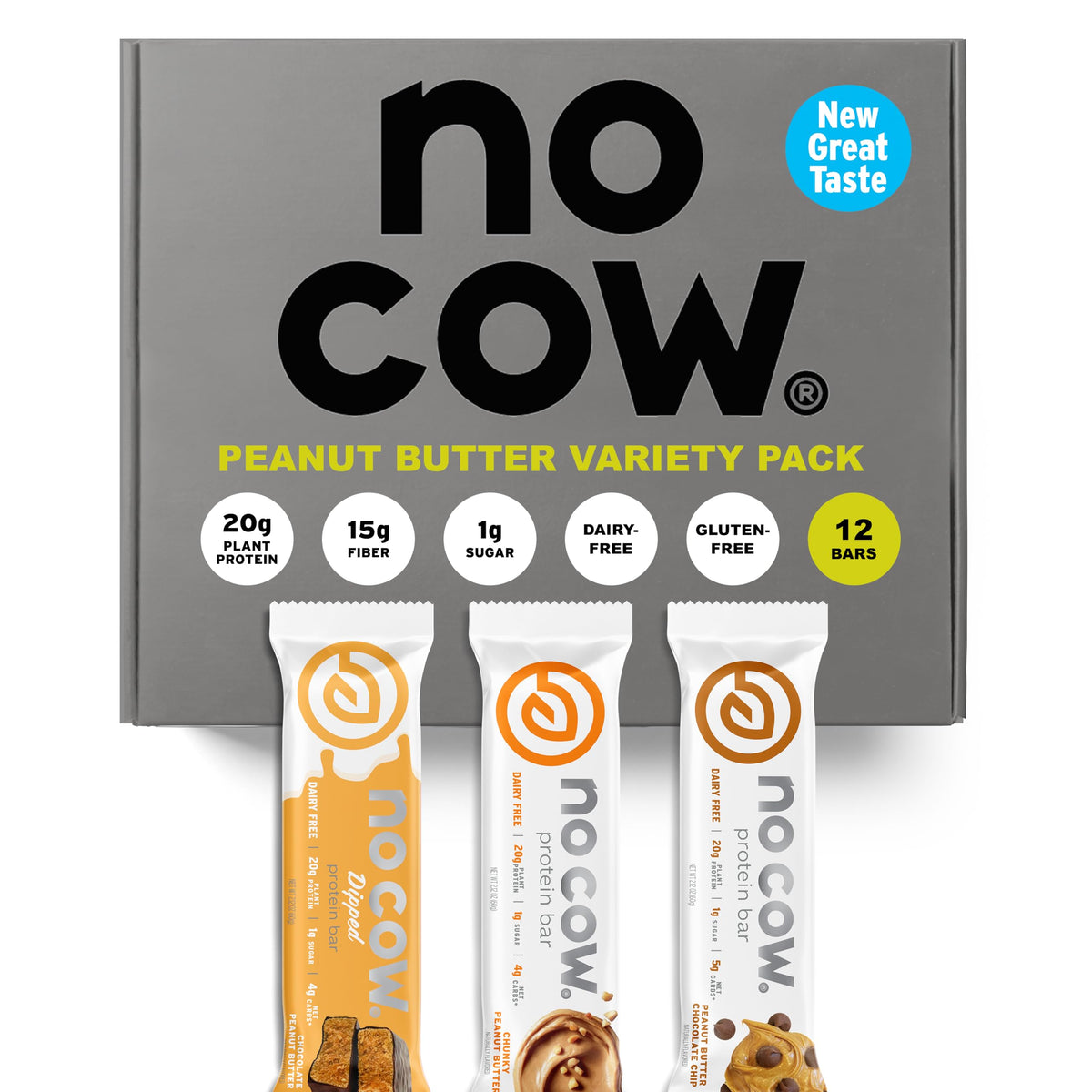 No Cow peanut butter bars front view—protein-packed snack for active days.