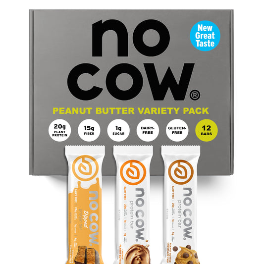 No Cow peanut butter bars front view—protein-packed snack for active days.