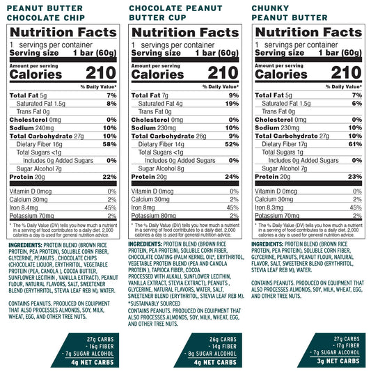 No Cow peanut butter bars nutrition panel—20g protein and low sugar per bar.
