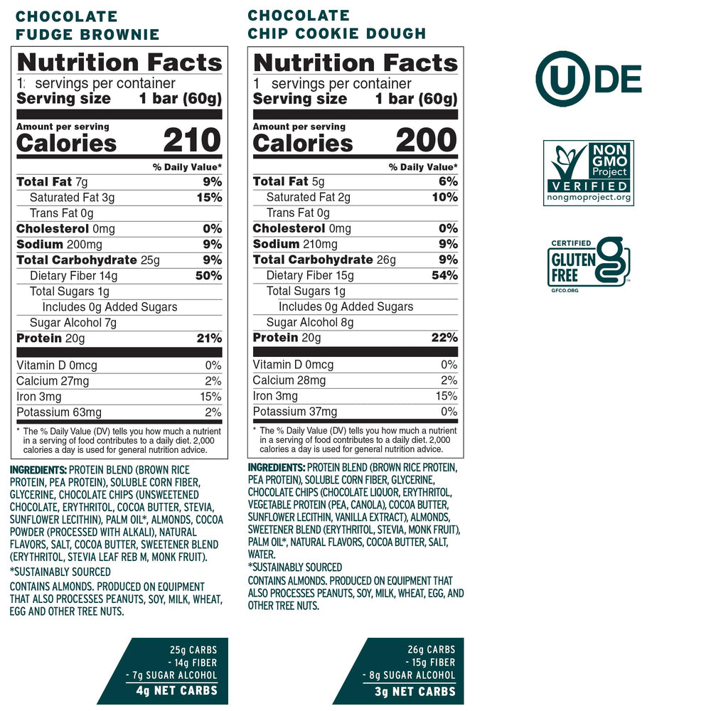 No Cow vegan protein bars front view highlighting 20g protein per bar
