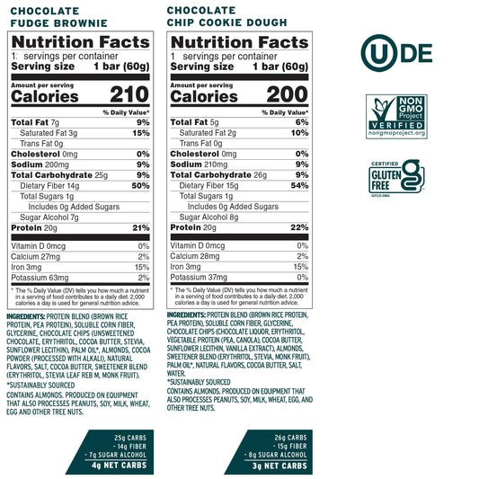 No Cow vegan protein bars front view highlighting 20g protein per bar