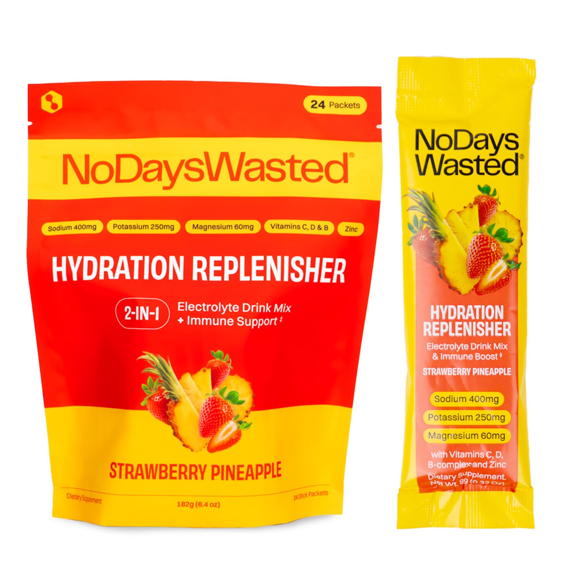 No Days Wasted Hydration Replenisher stick, berry-pineapple flavor, delivers rapid hydration after workouts.