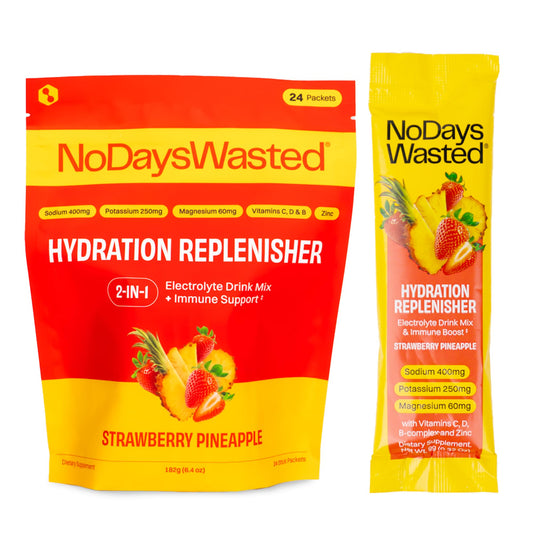 No Days Wasted Hydration Replenisher stick, berry-pineapple flavor, delivers rapid hydration after workouts.