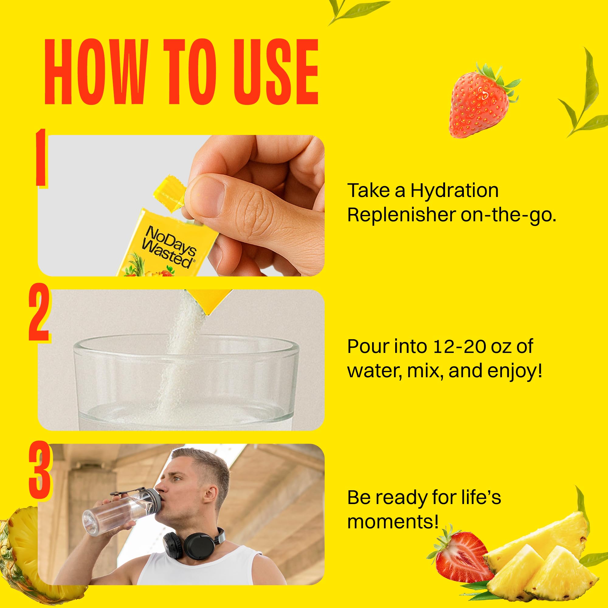 No Days Wasted Hydration Replenisher stick makes mixing easy in 12-20 oz water.