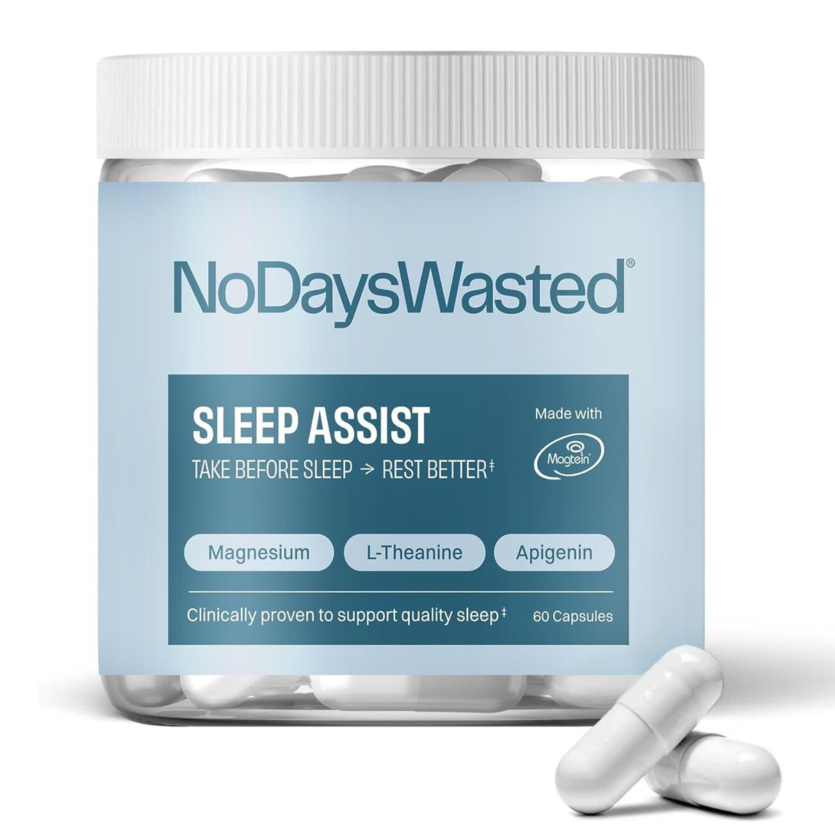 No Days Wasted magnesium sleep supplement bottle promotes calm evenings.
