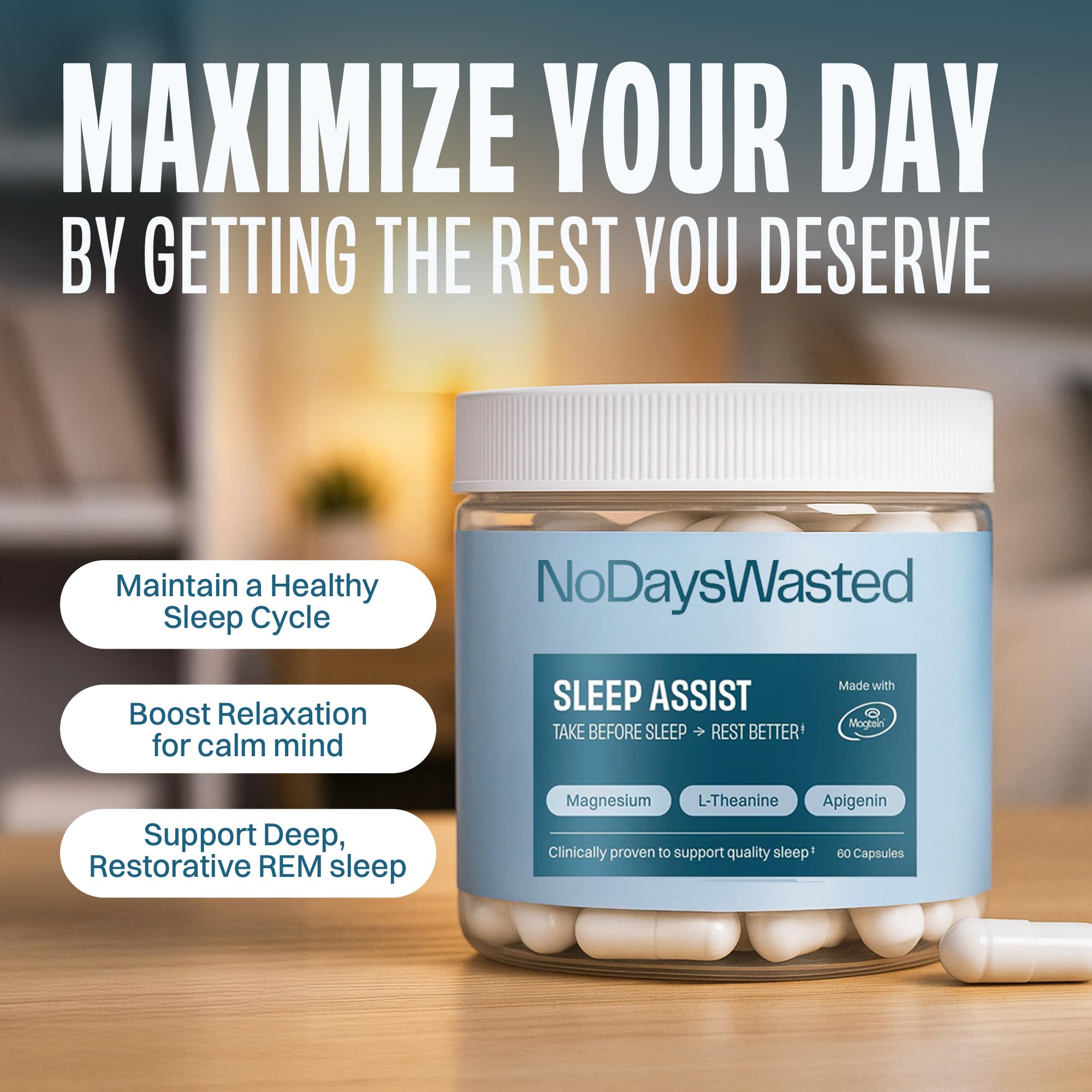 No Days Wasted capsules offer high-bioavailability magnesium for restful nights.
