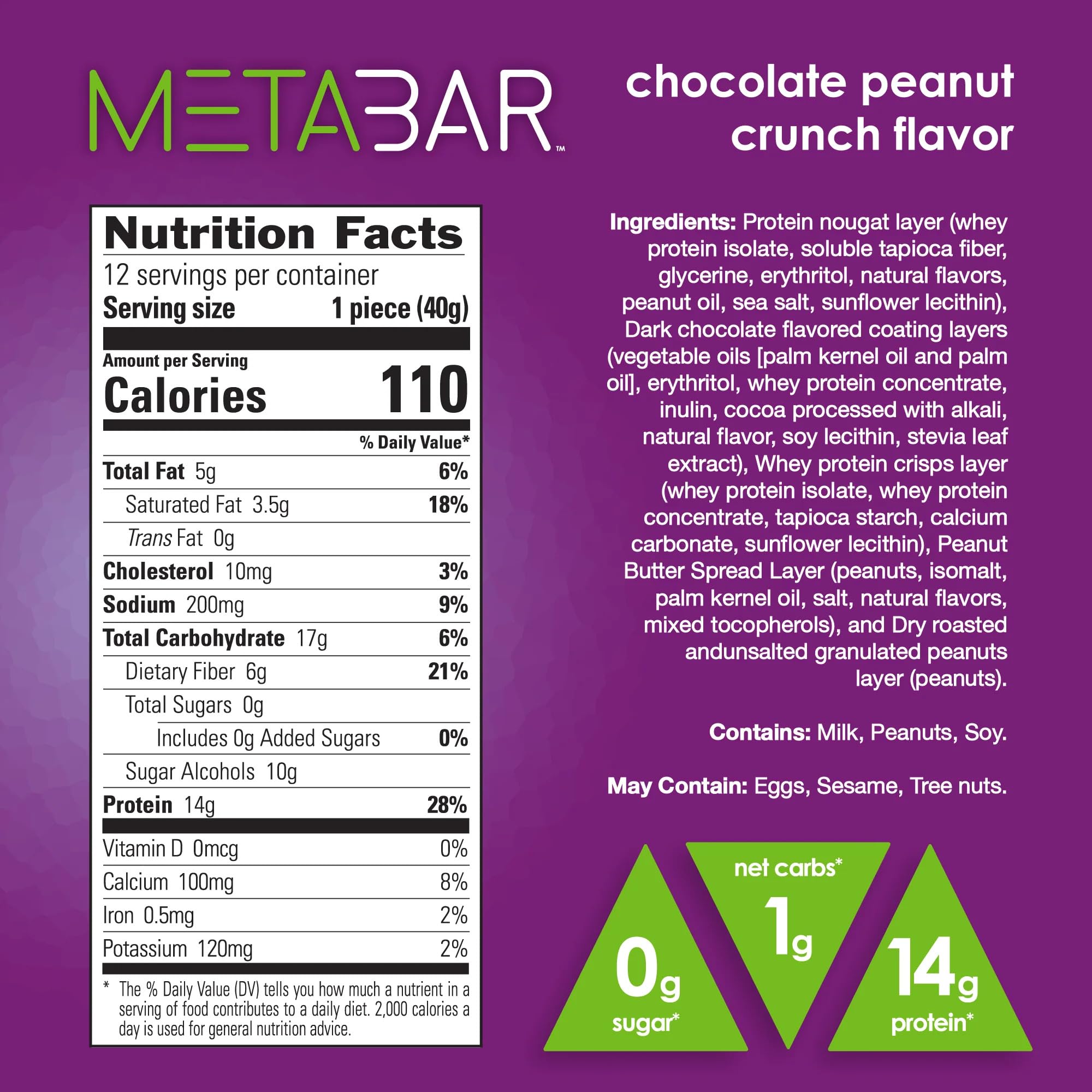 No Sugar META BAR bars close-up showing chewy caramel and crunchy peanuts.