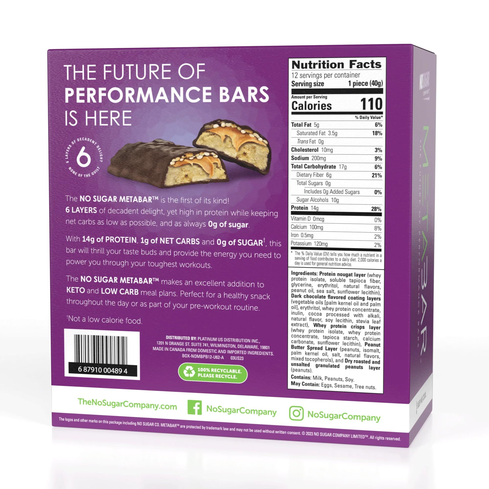 No Sugar META BAR chocolate coating highlights indulgent finish.