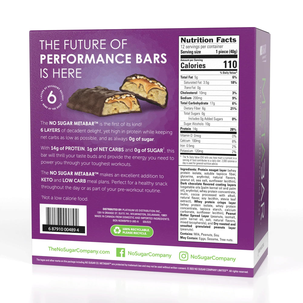 No Sugar META BAR chocolate coating highlights indulgent finish.