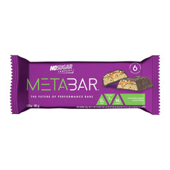 No Sugar META BAR dark chocolate coating detail signals premium finish.