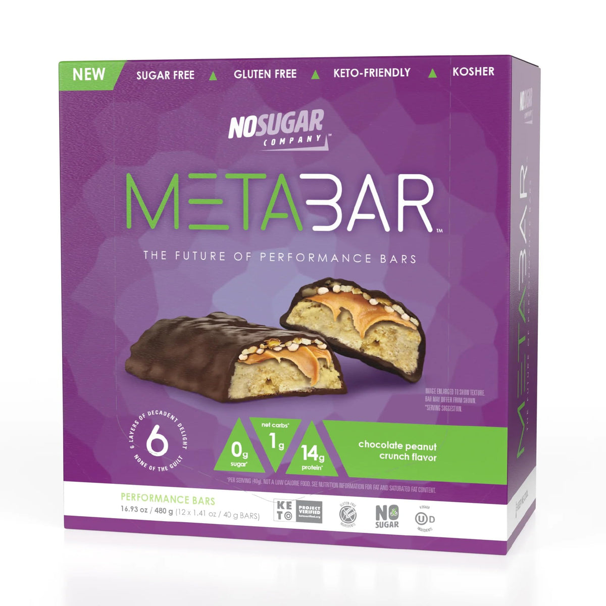 No Sugar META BAR package with six-layer decadence for on-the-go snacking.