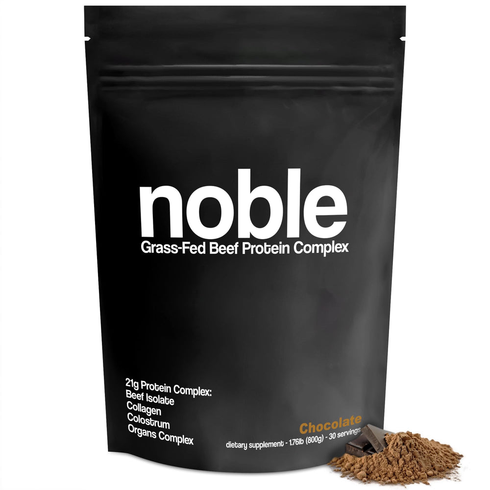 Noble Origins all-in-one chocolate protein powder canister for daily protein support and rich taste.