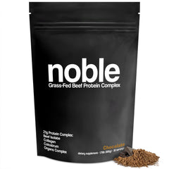Noble Origins all-in-one chocolate protein powder canister for daily protein support and rich taste.