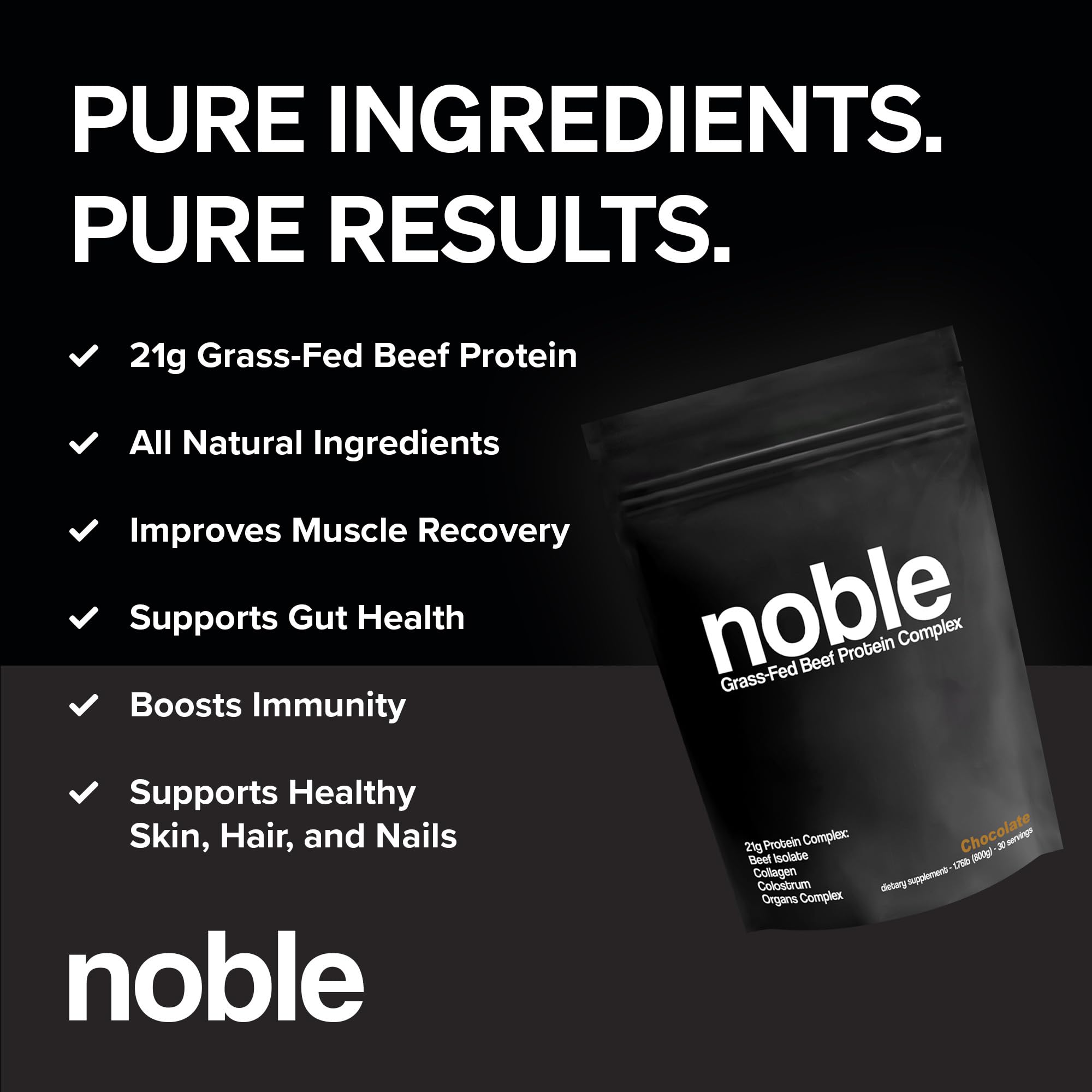 Noble Origins chocolate protein scoop shown for precise measurement and quick shake prep.