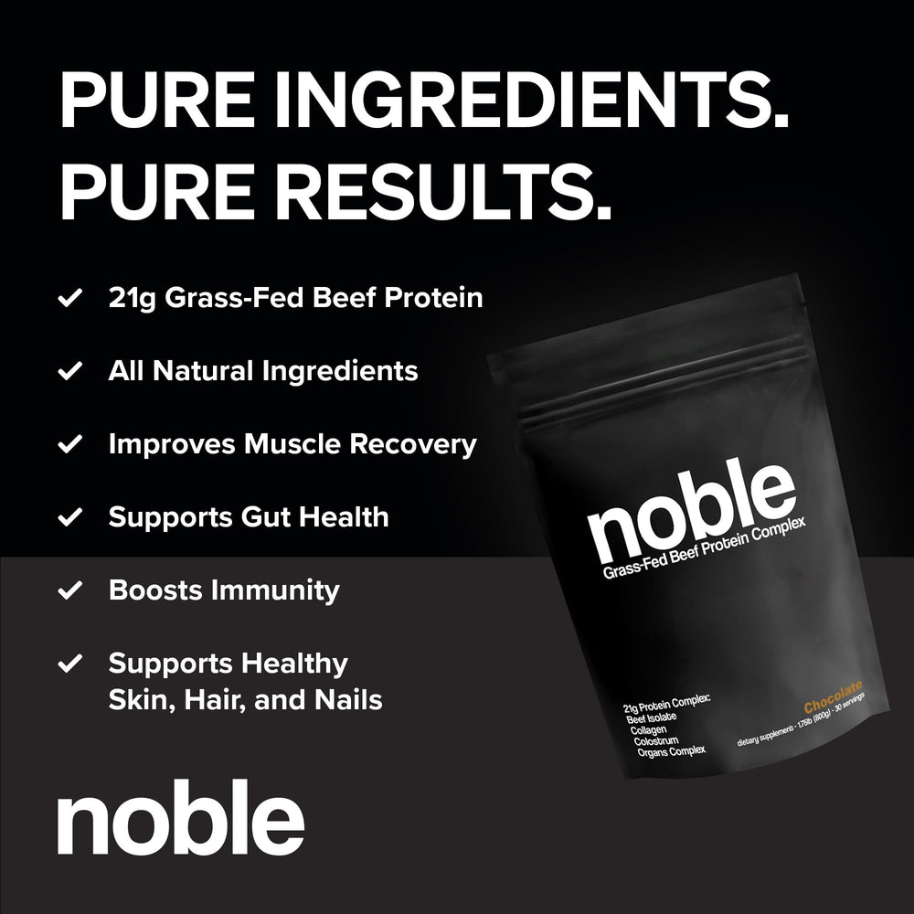 Noble Origins chocolate protein scoop shown for precise measurement and quick shake prep.
