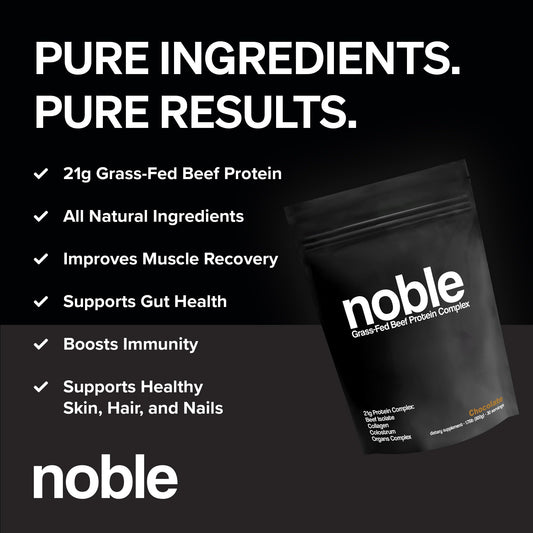 Noble Origins chocolate protein scoop shown for precise measurement and quick shake prep.