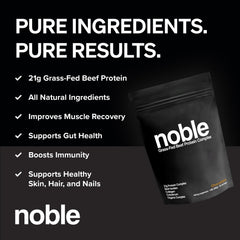 Noble Origins chocolate protein scoop shown for precise measurement and quick shake prep.