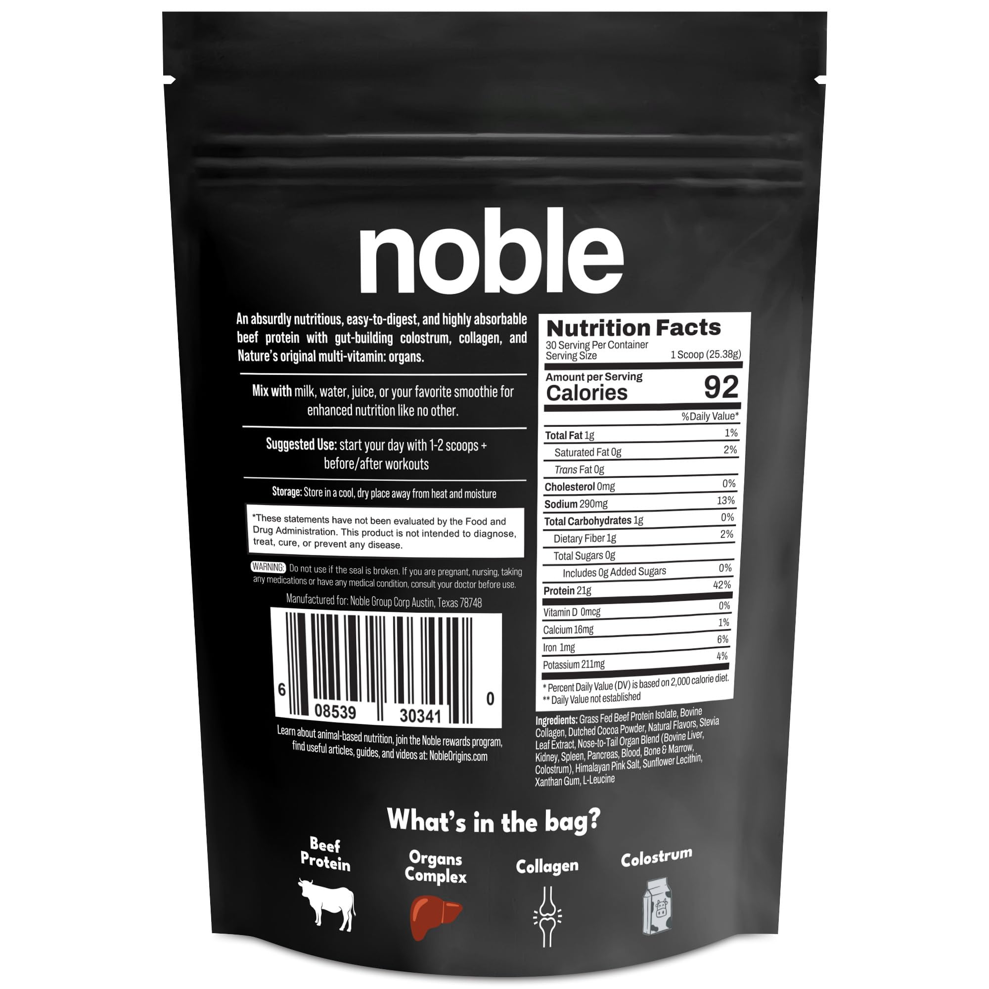 Noble Origins morning shake setup suggests quick, nourishing daily ritual.