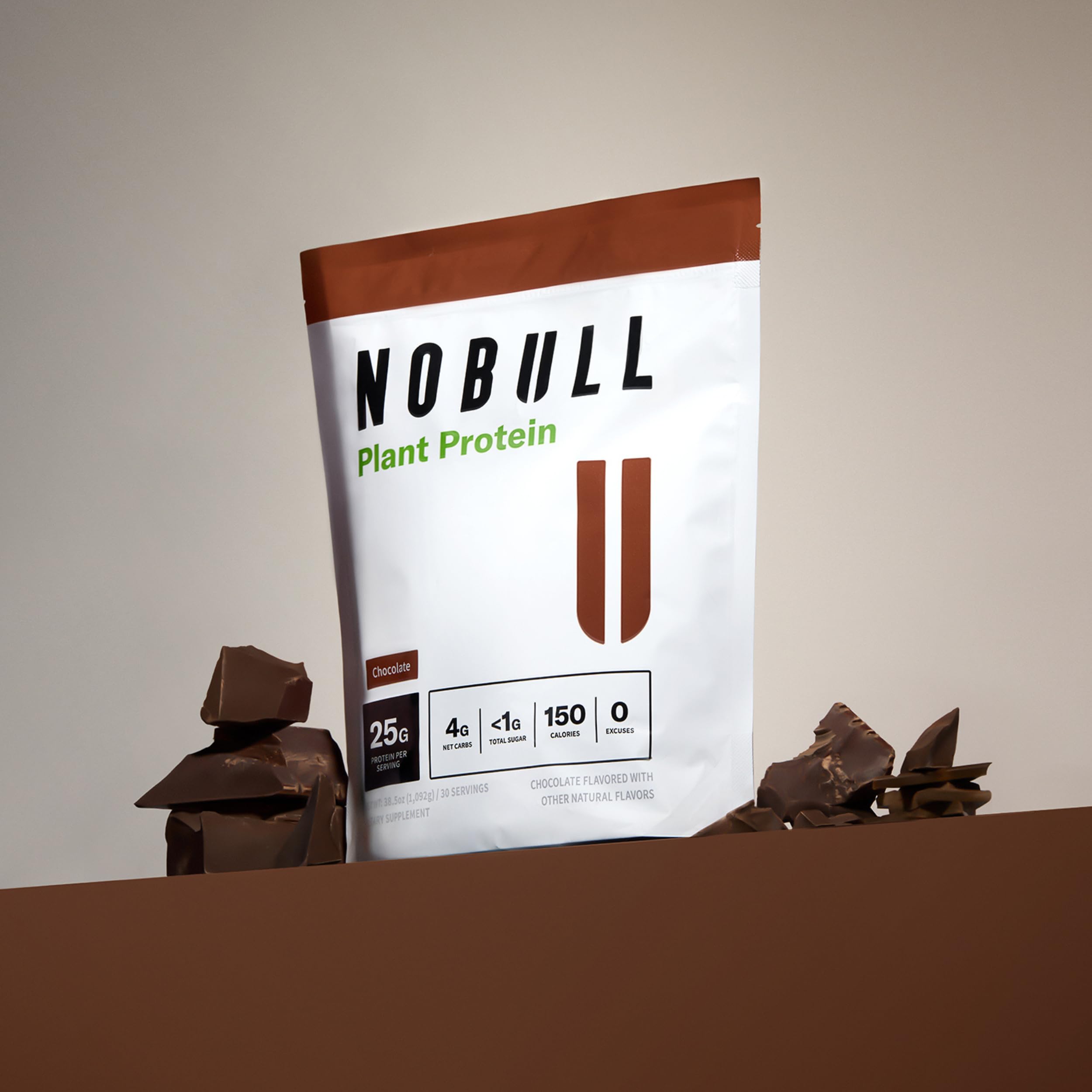 NOBULL chocolate-flavor jar emphasizes clean ingredients for athletes.