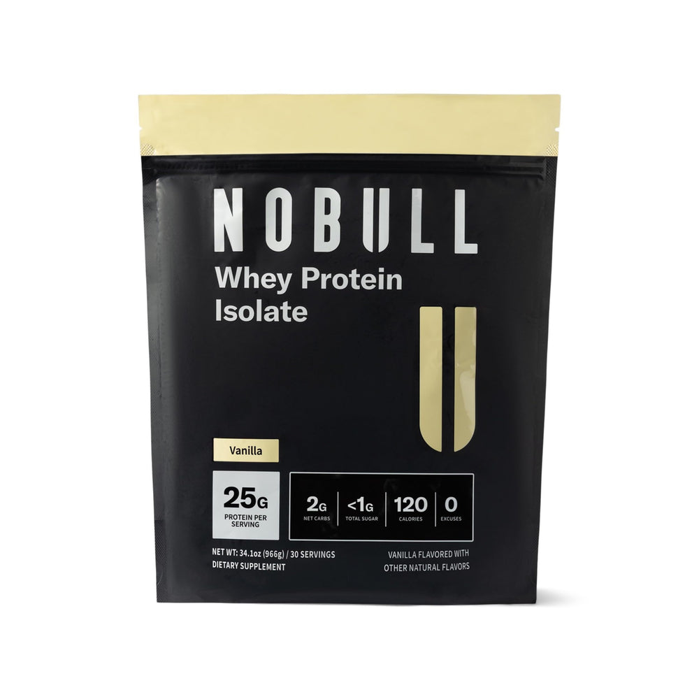 NOBULL grass-fed whey protein isolate vanilla tub highlighting premium nutrition for workouts.