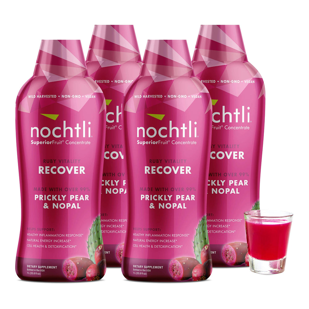 Nochtli Recover Prickly Pear bottle highlights antioxidant-rich daily supplement.