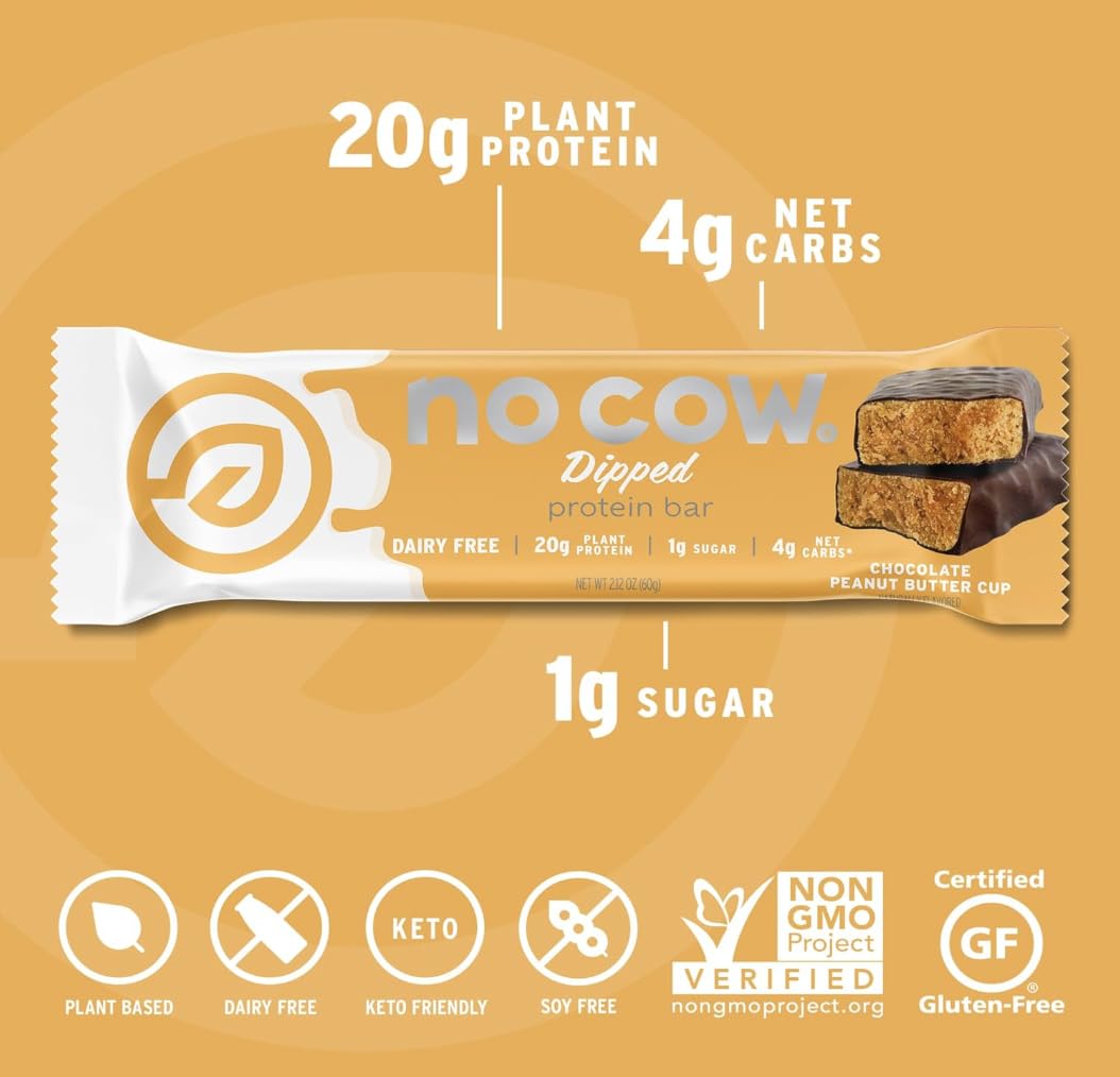 No Cow bar ingredients label close-up: plant-based protein and clean ingredients for active lifestyles.