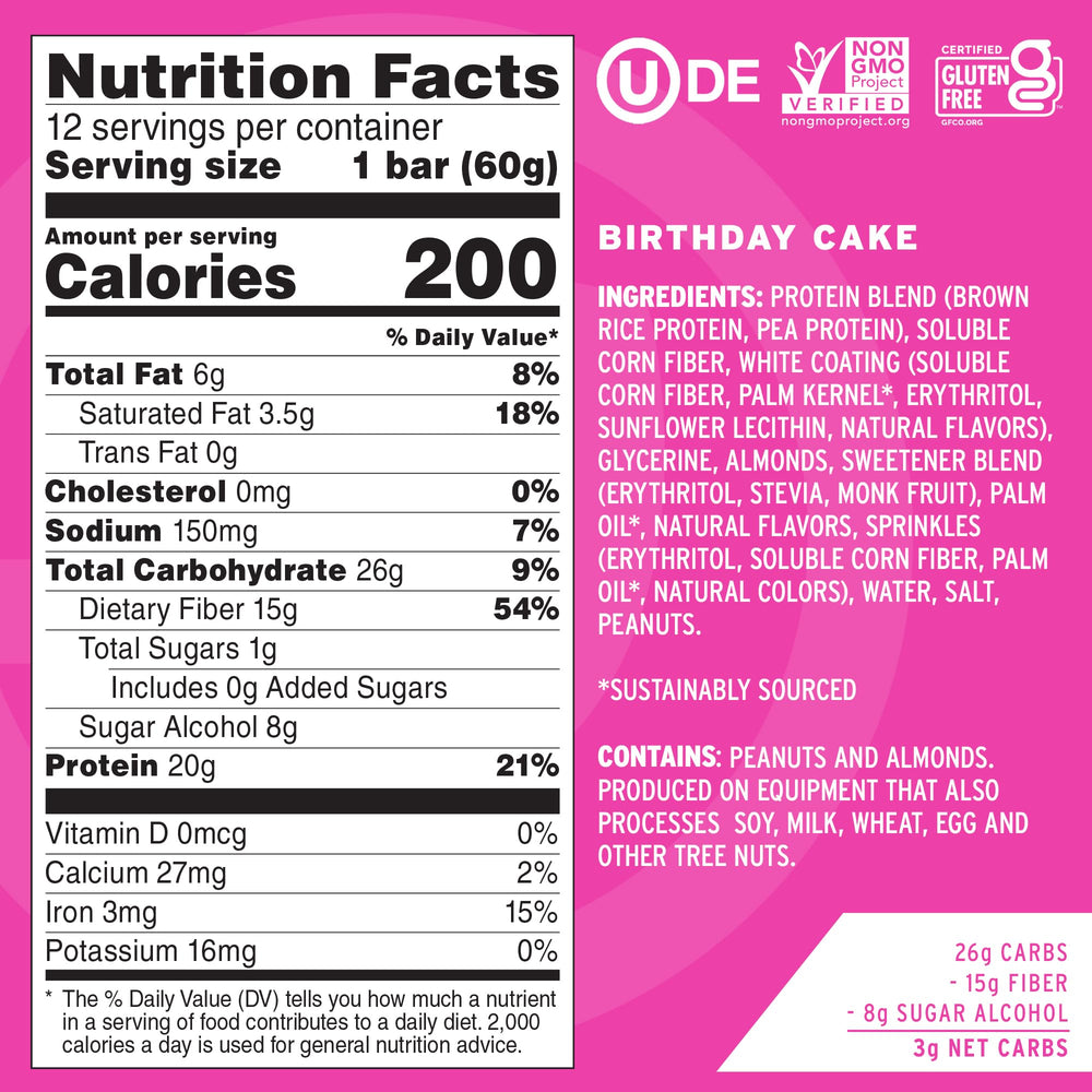 No Cow Birthday Cake bar closeup texture highlights creamy bite and 20g protein.