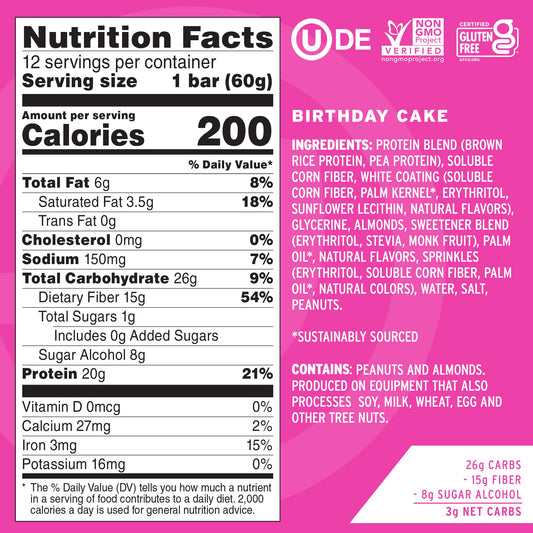No Cow Birthday Cake bar closeup texture highlights creamy bite and 20g protein.