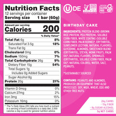No Cow Birthday Cake bar closeup texture highlights creamy bite and 20g protein.