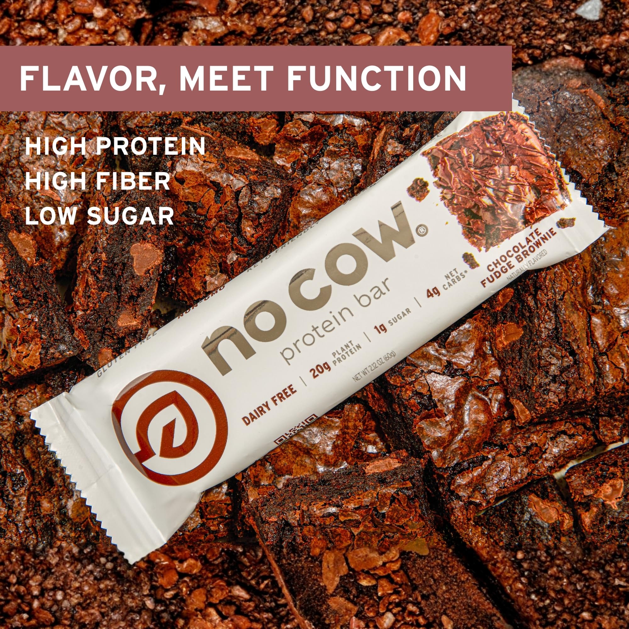 No Cow chocolate fudge brownie close-up, indulgent flavor with high protein.